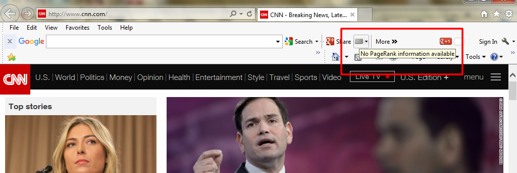 Вот что вы видите сейчас, когда посещаете CNN с включенной панелью инструментов Google в Internet Explorer (снимки экрана сделаны в конце дня в понедельник)